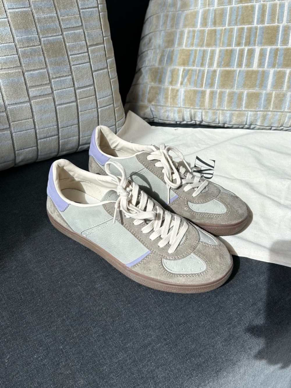 Zara Women’s Beige, Light Purple and Cream Suede-Panel Sneakers